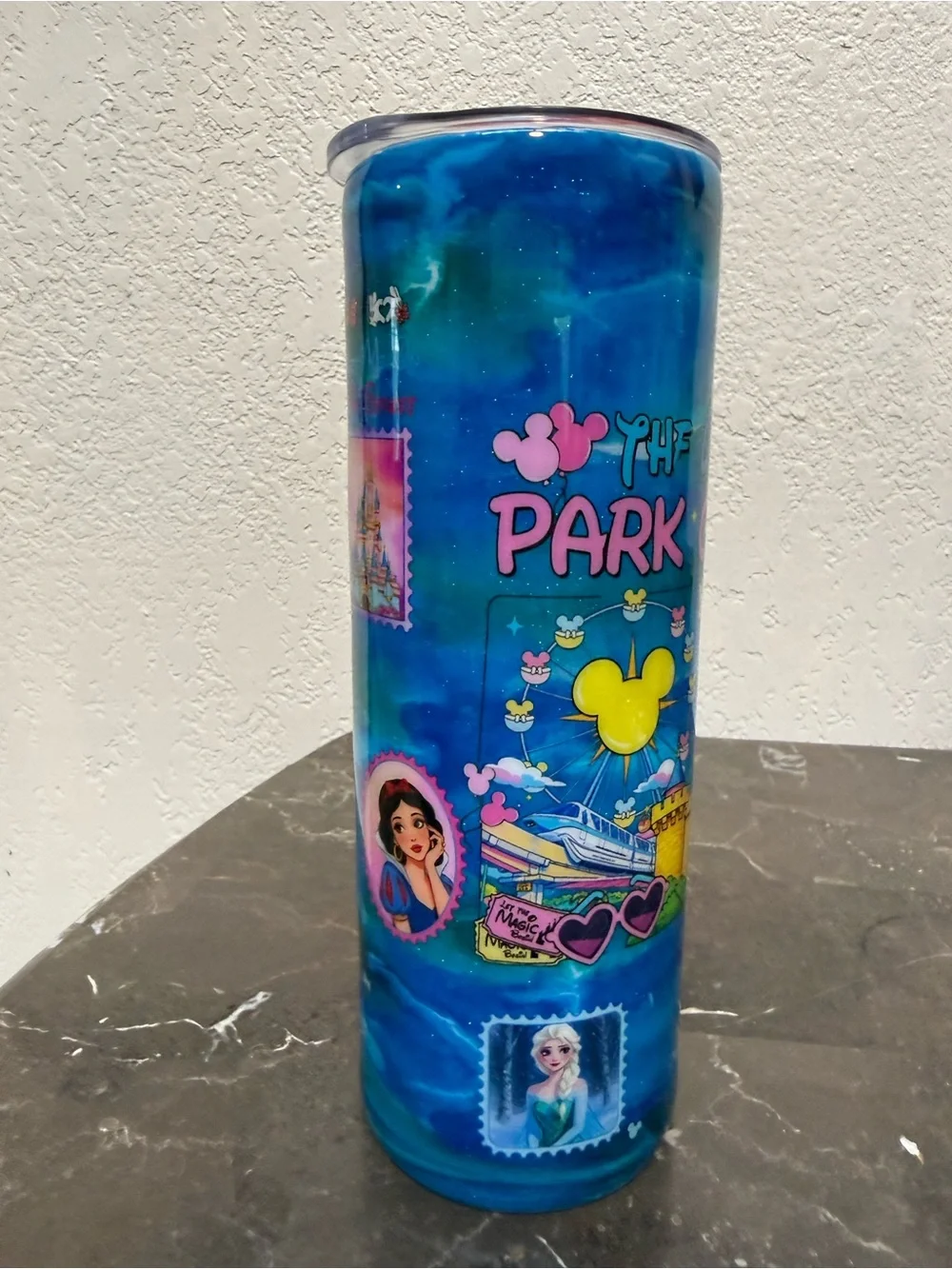 The Life of a Park Girl in My Disney Era Blue Glitter 20 oz Skinny Tumbler Cup